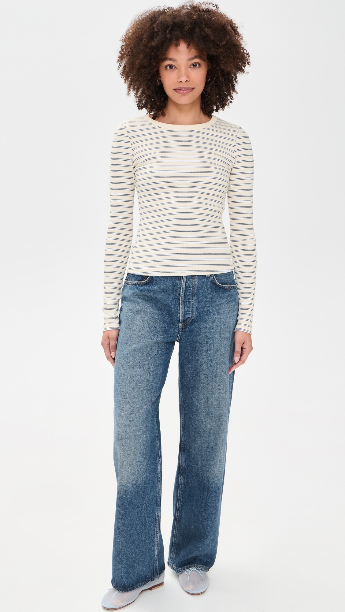 Long Sleeve Ribbed Crewneck Double Stripe Blue