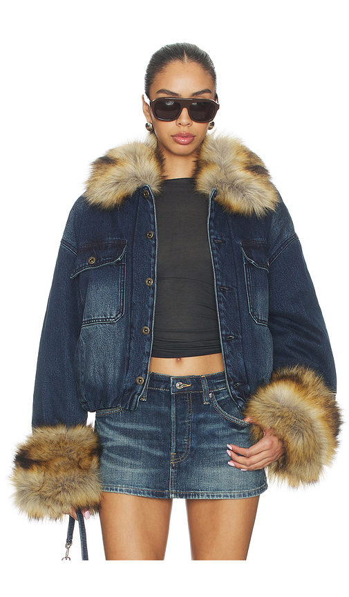 WE11DONE Faux Fur Denim Jacket in Blue. S. Also in XS