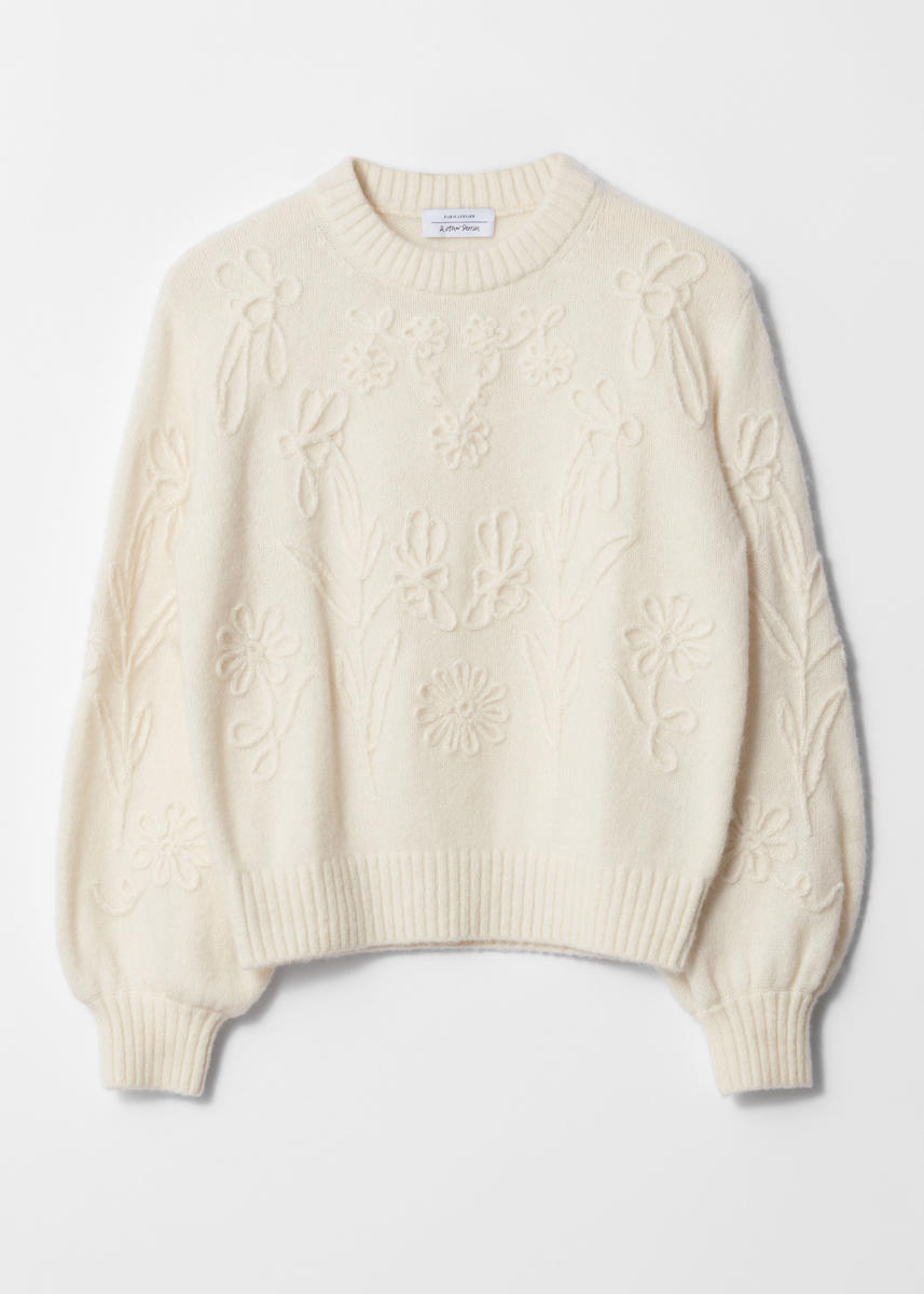 Floral-Appliqué Knit Sweater - White