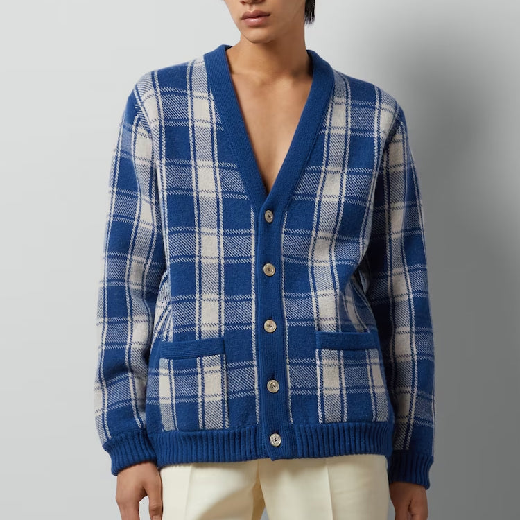 Reversible Checked Wool Cardigan 'Blue Ivory'