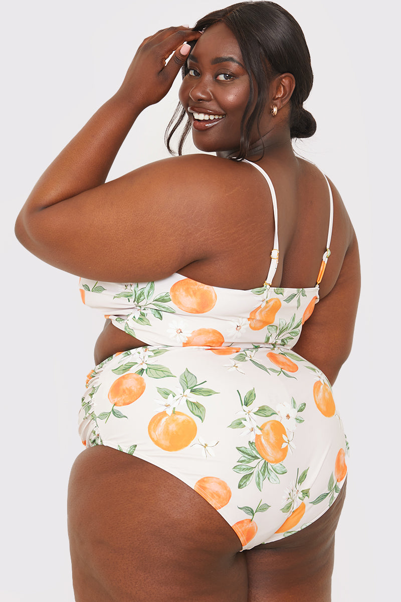 Recycled Control Orange Print Ruched Detail High Waisted Bikini Bottoms