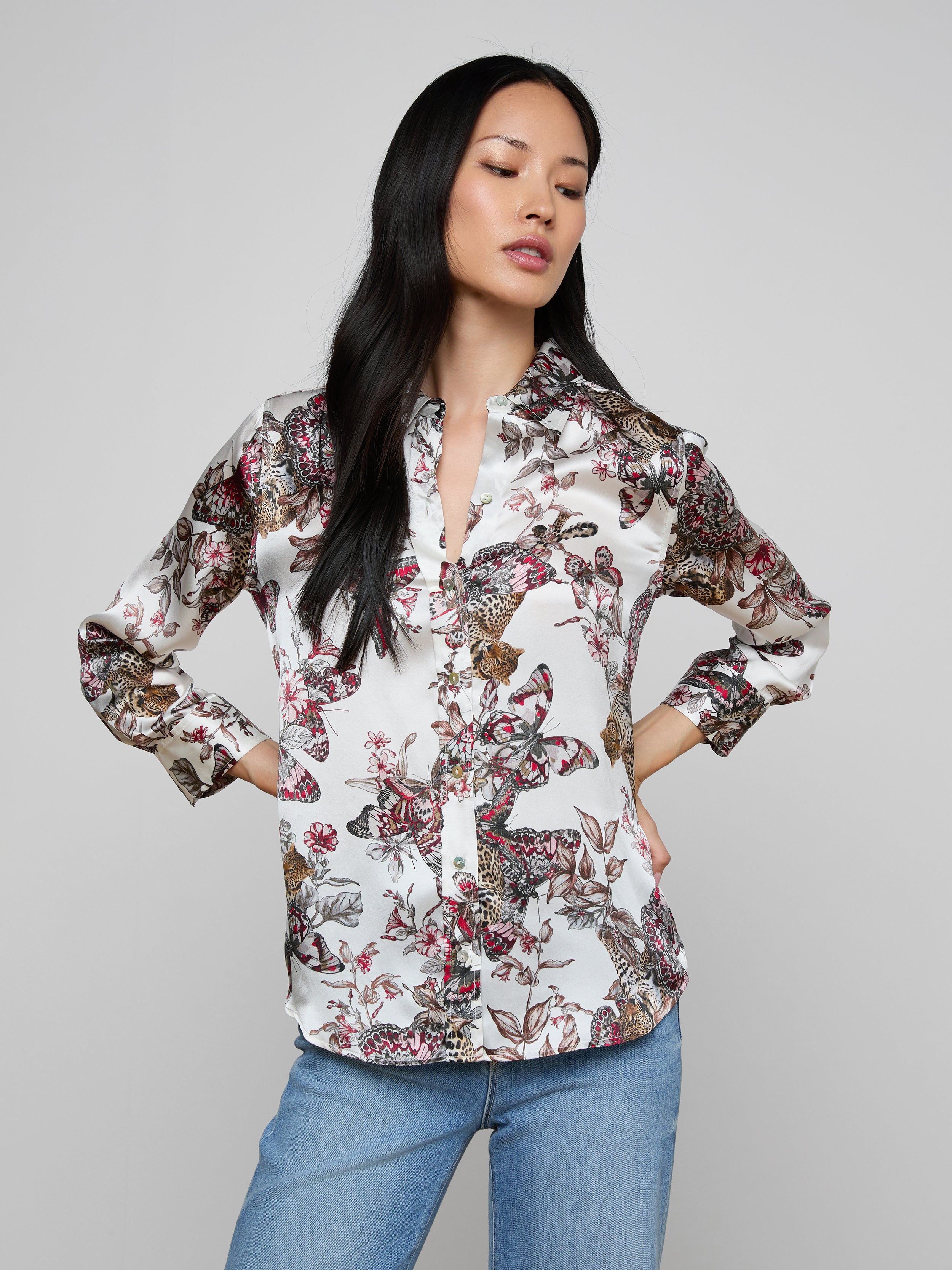 Dani Silk Blouse Top In White Multi Small Butterfly Jungle