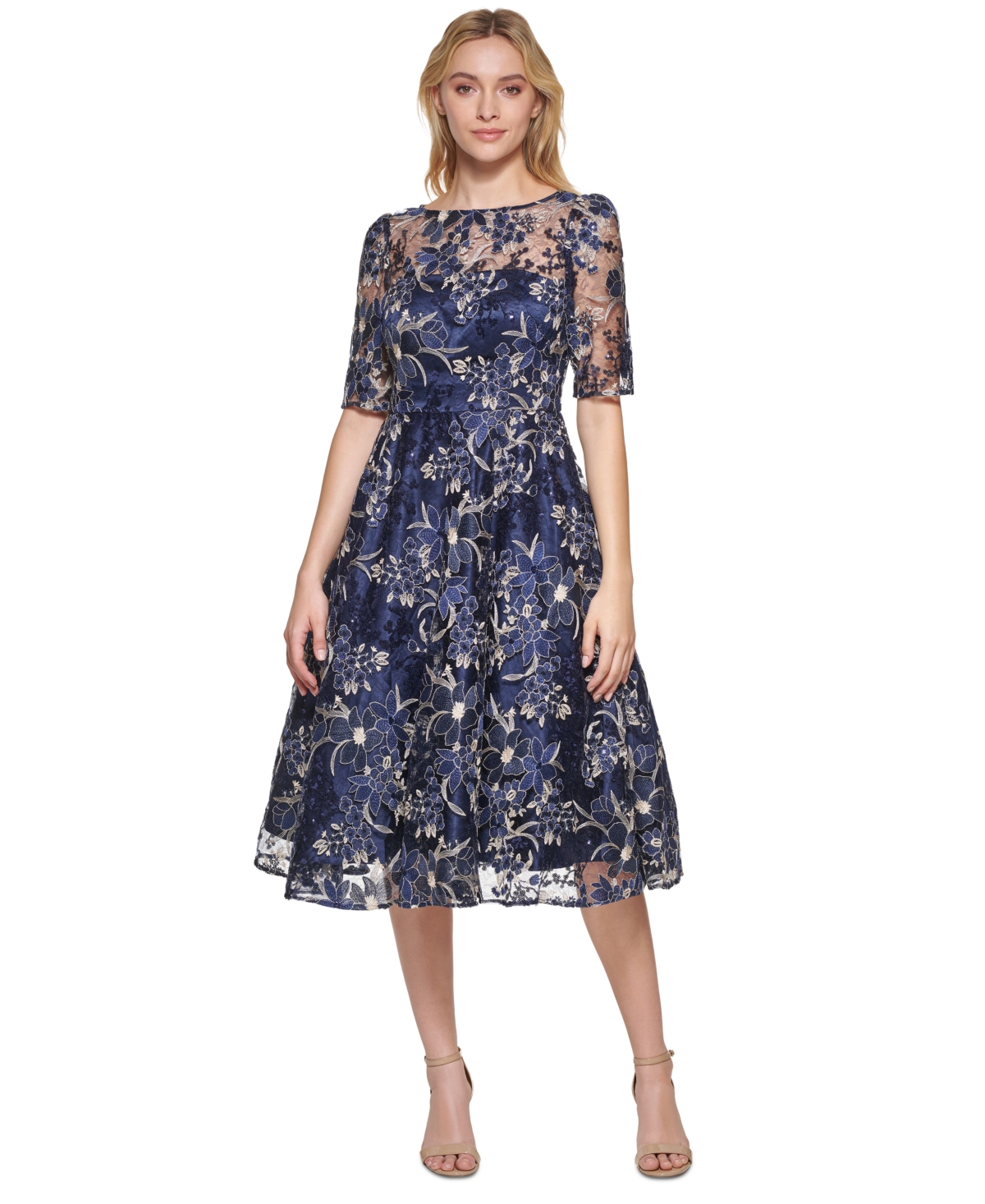 Women's Elbow-Sleeve Illusion Yoke Short Dress - Nvy