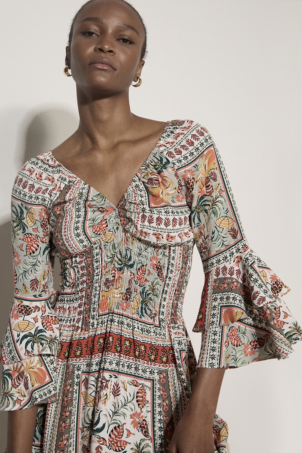 Apricot Patchwork Print Smocked Mini Dress In Mint