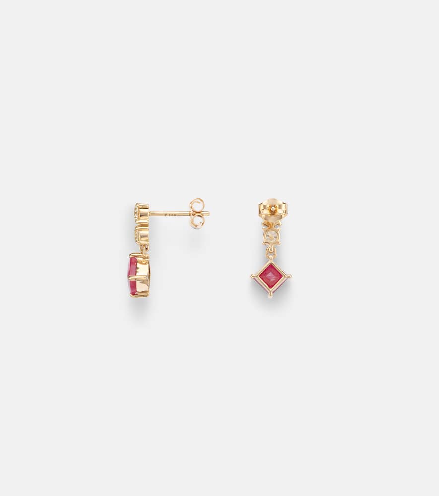 14kt gold (585/1000) earrings with diamonds, pink sapphire, and ruby