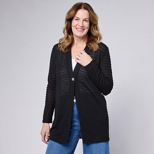 Textured Knit Cardigan with Button - Ivory/Off White