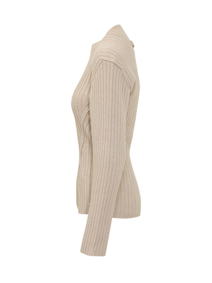 Beige Knitted Mock Collar Sweater