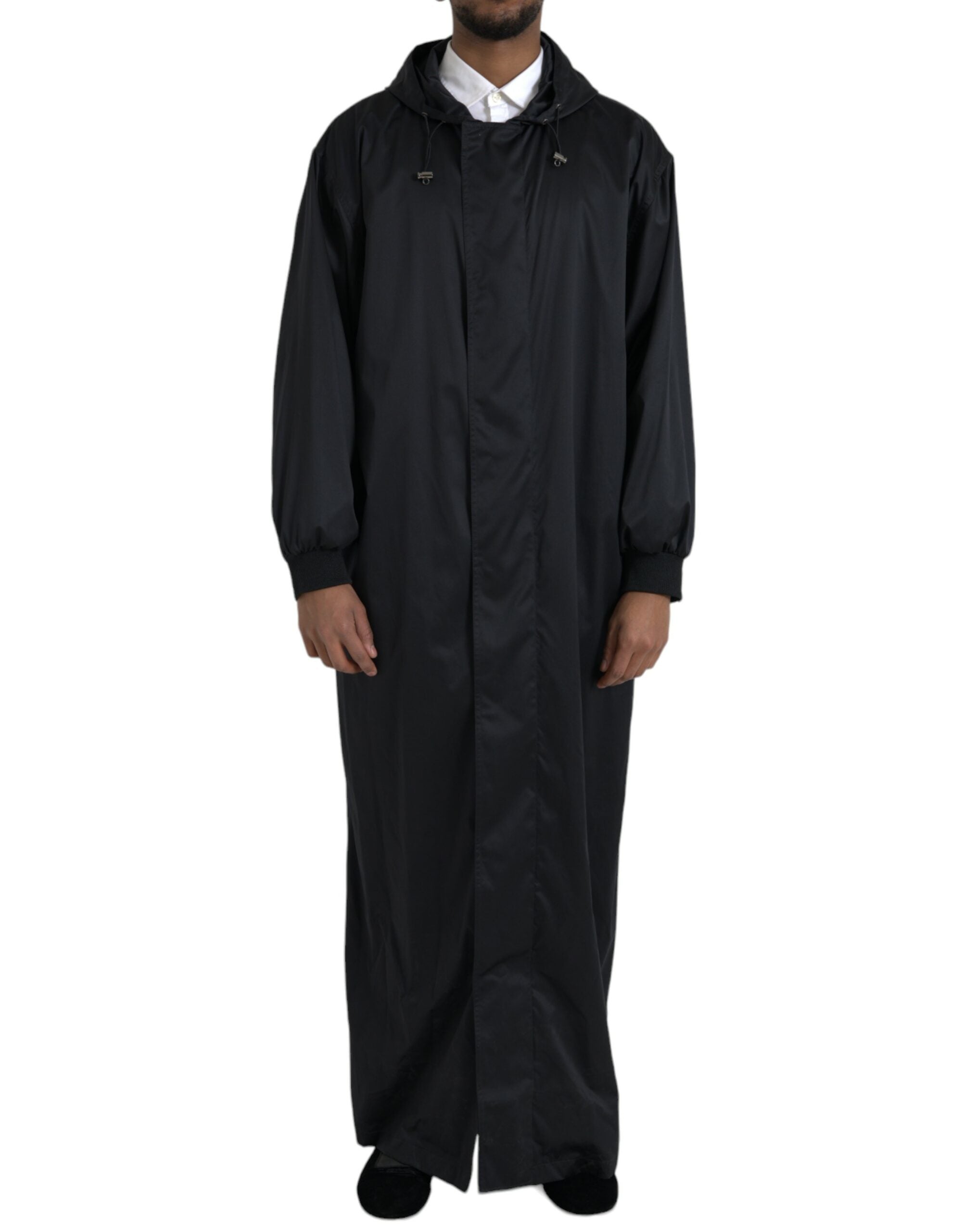 Hooded Polyester Windbreaker Coat — Black