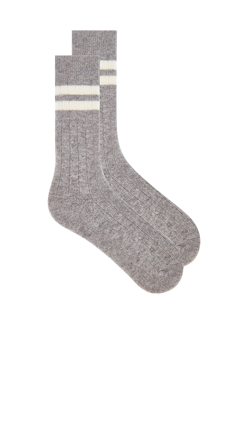 White & Warren Cashmere Ribbed Striped Socks in Greay