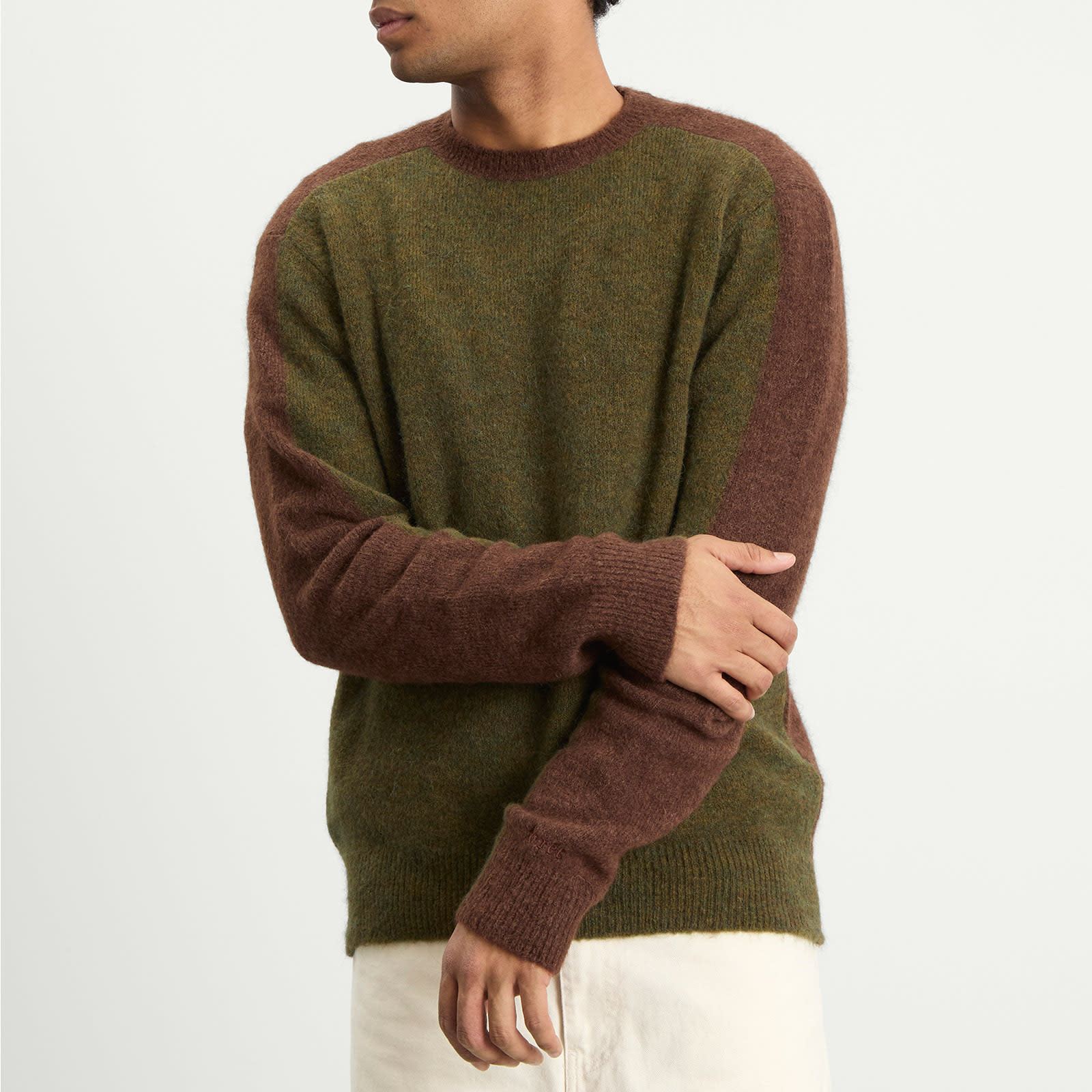 Men's Alpine Conrast Crew Neck Jumper in Army/Brown