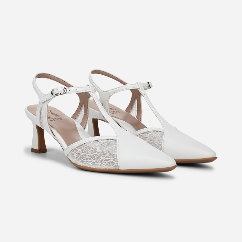 Torin Slingback Sandal Shoes, White Satin Lace Faux Leather