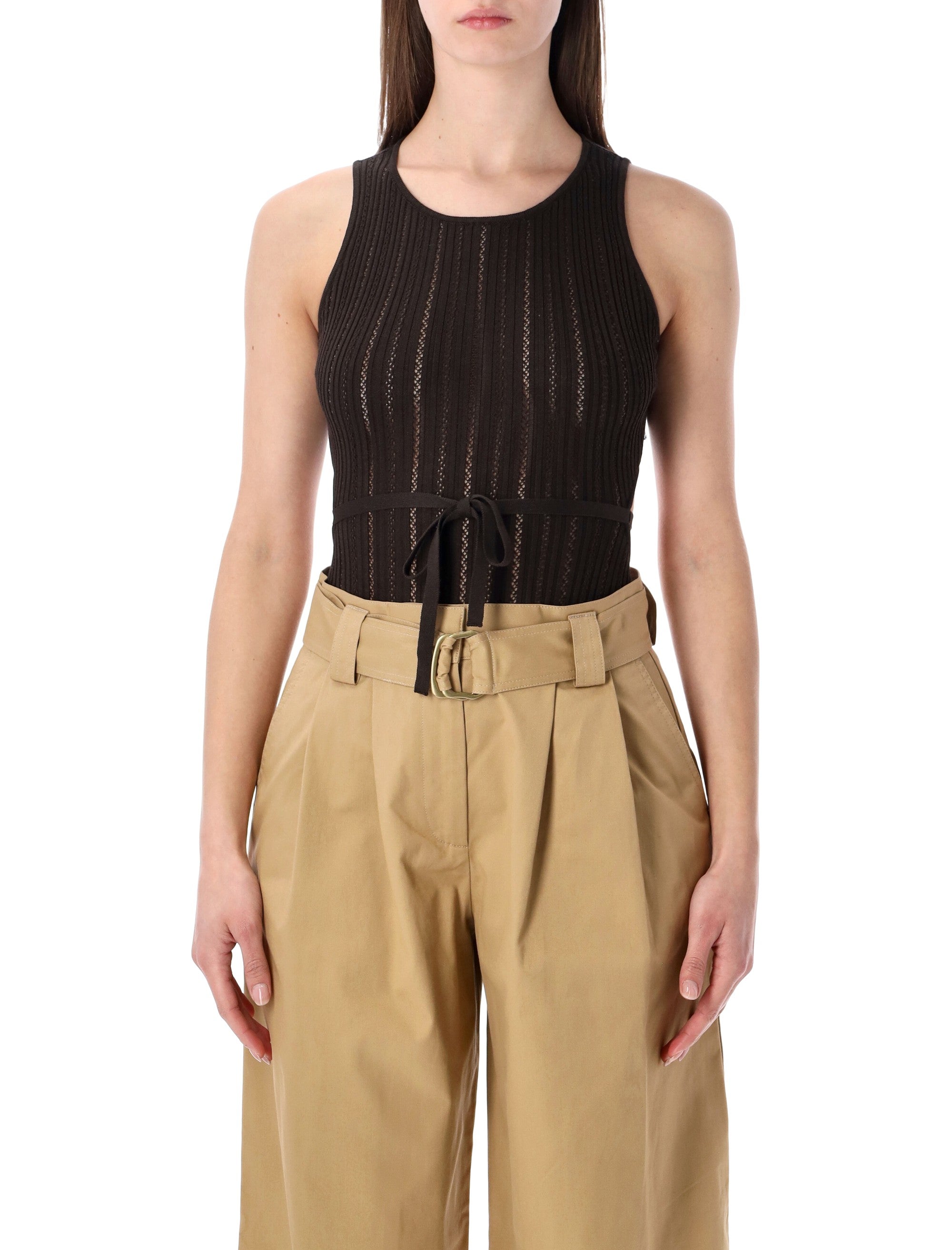 Sleeveless Ribbed Knit Bodysuit with Waist Tie