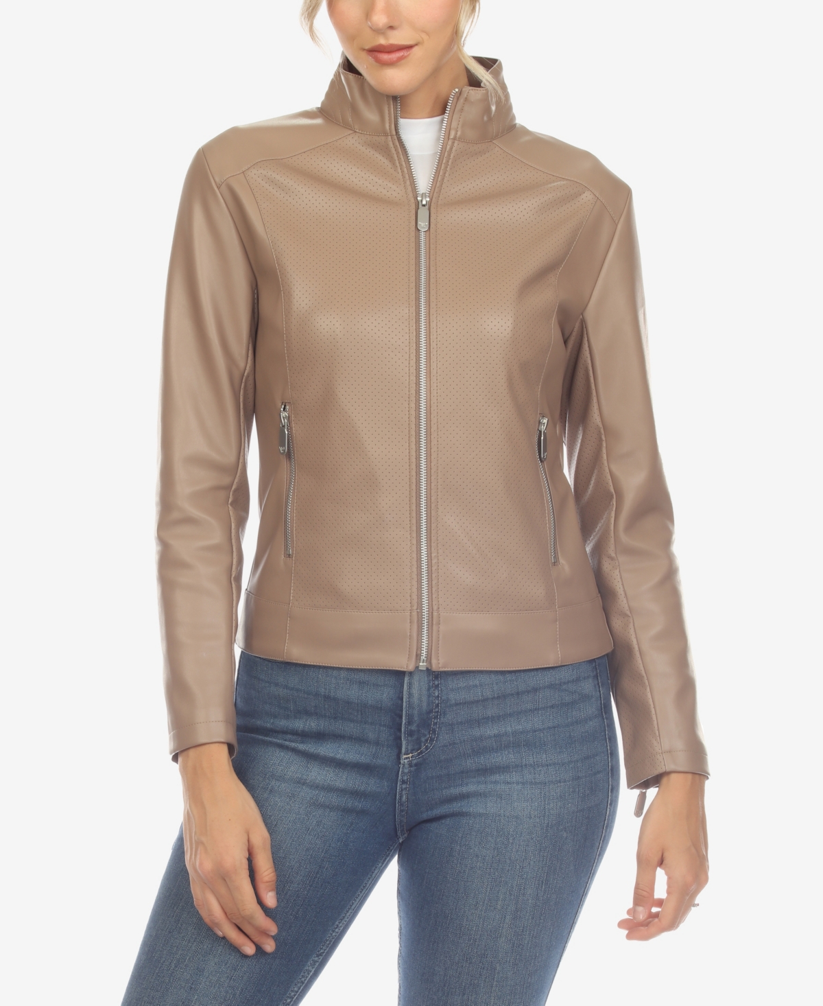Women's Classic Biker Faux Leather Jacket - Taupe