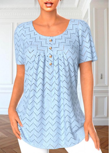 Modlily Light Blue Button Short Sleeve Round Neck Blouse