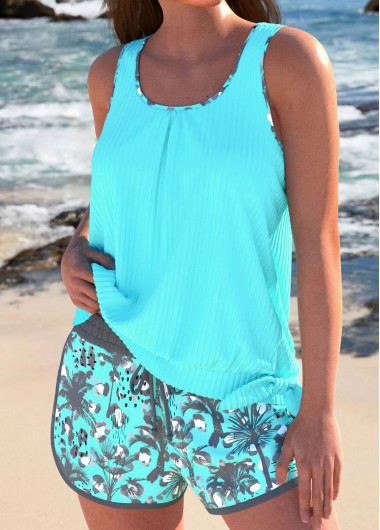 Modlily Bowknot Tropical Plants Print Grey Tankini Set