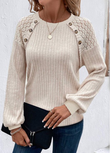 Modlily Beige Button Long Sleeve Round Neck T Shirt