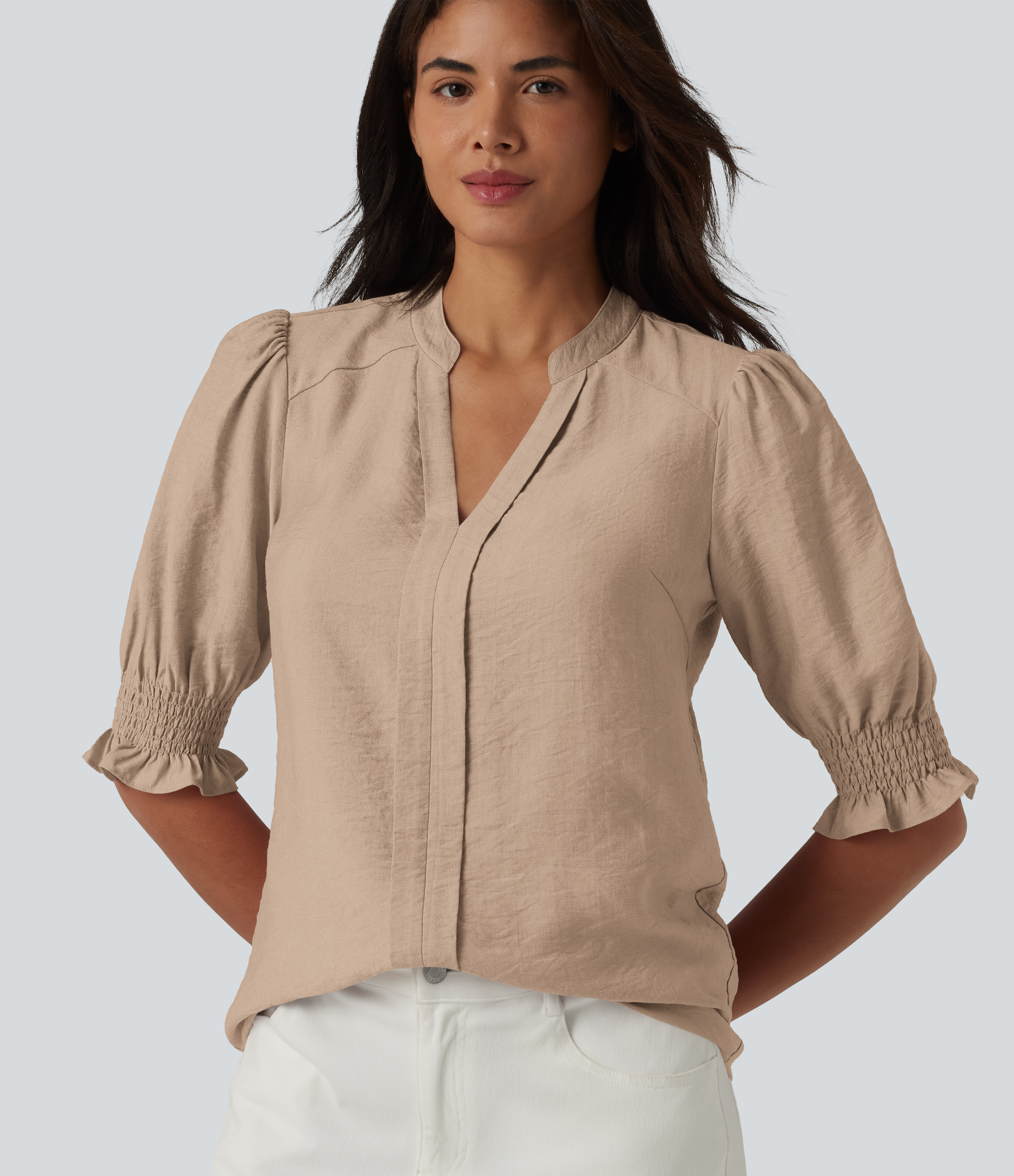 V Neck Puff Short Sleeve Casual Blouse  - Cuban Sand