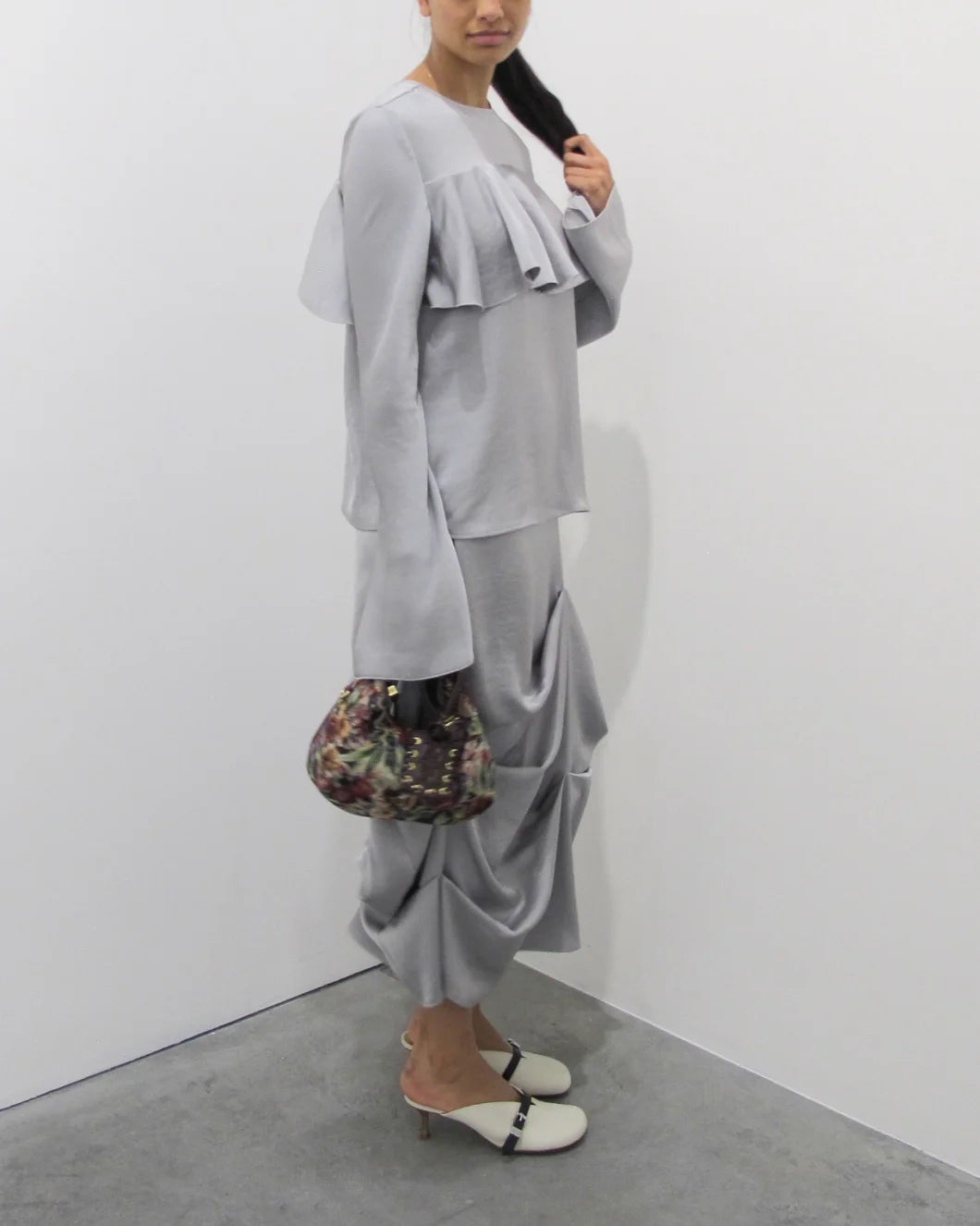 Double Viscose Satin Long Sleeve Ruffle Top