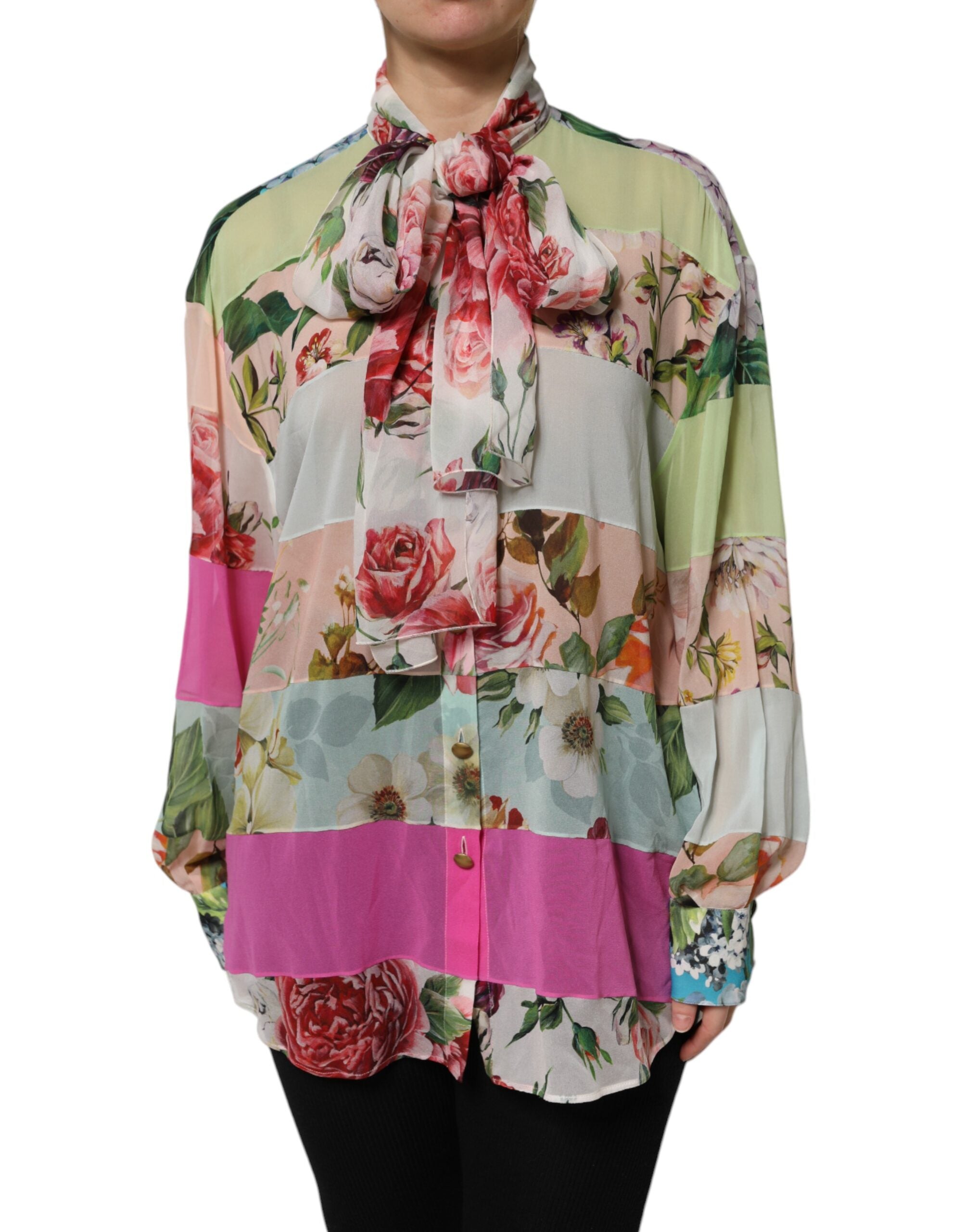Floral Patchwork Silk Blouse — Multicolor