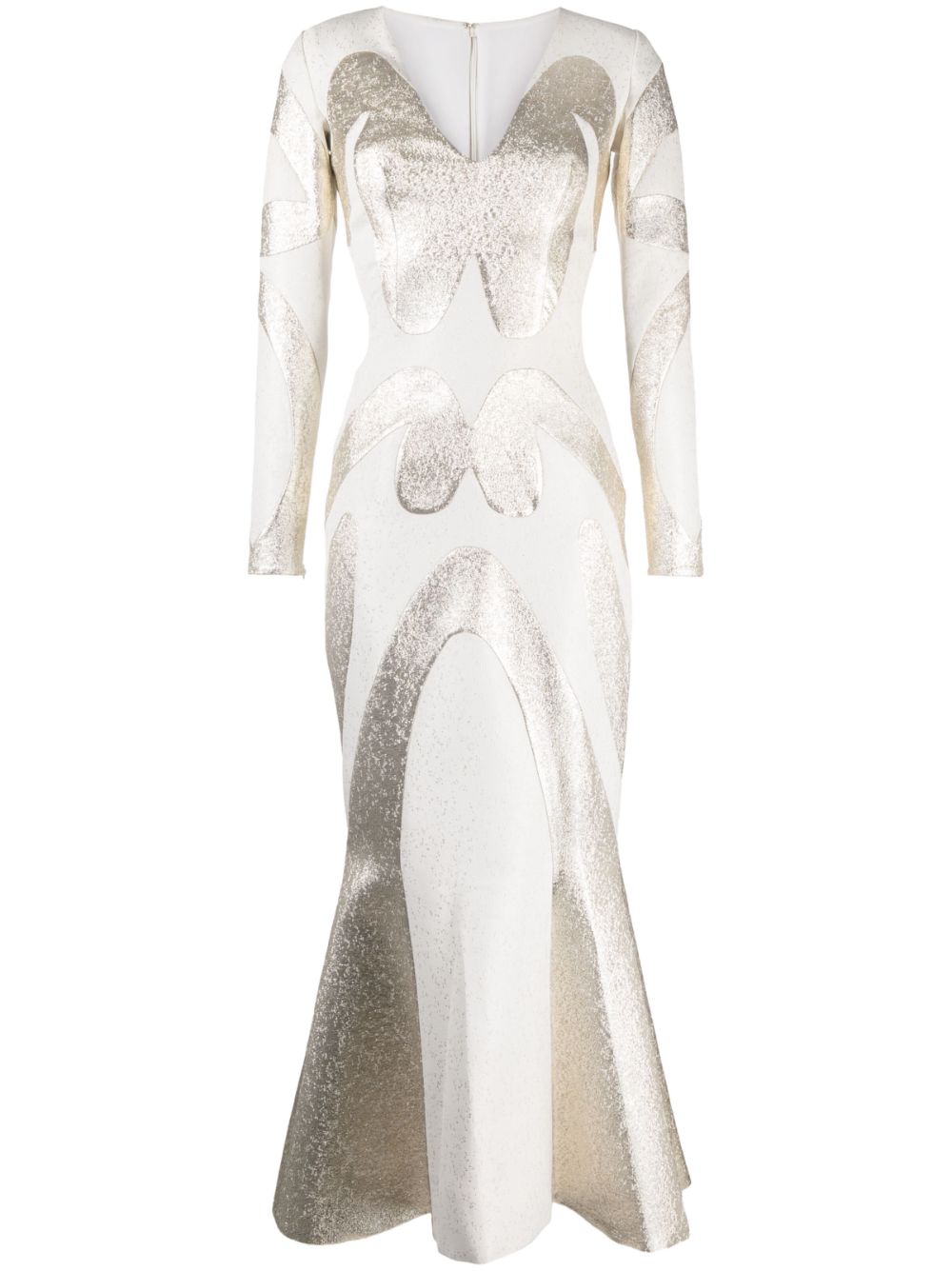Brocade-effect long-sleeve dress - White