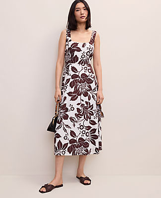 Ann Taylor Floral Flare Midi Dress in Linen Blend