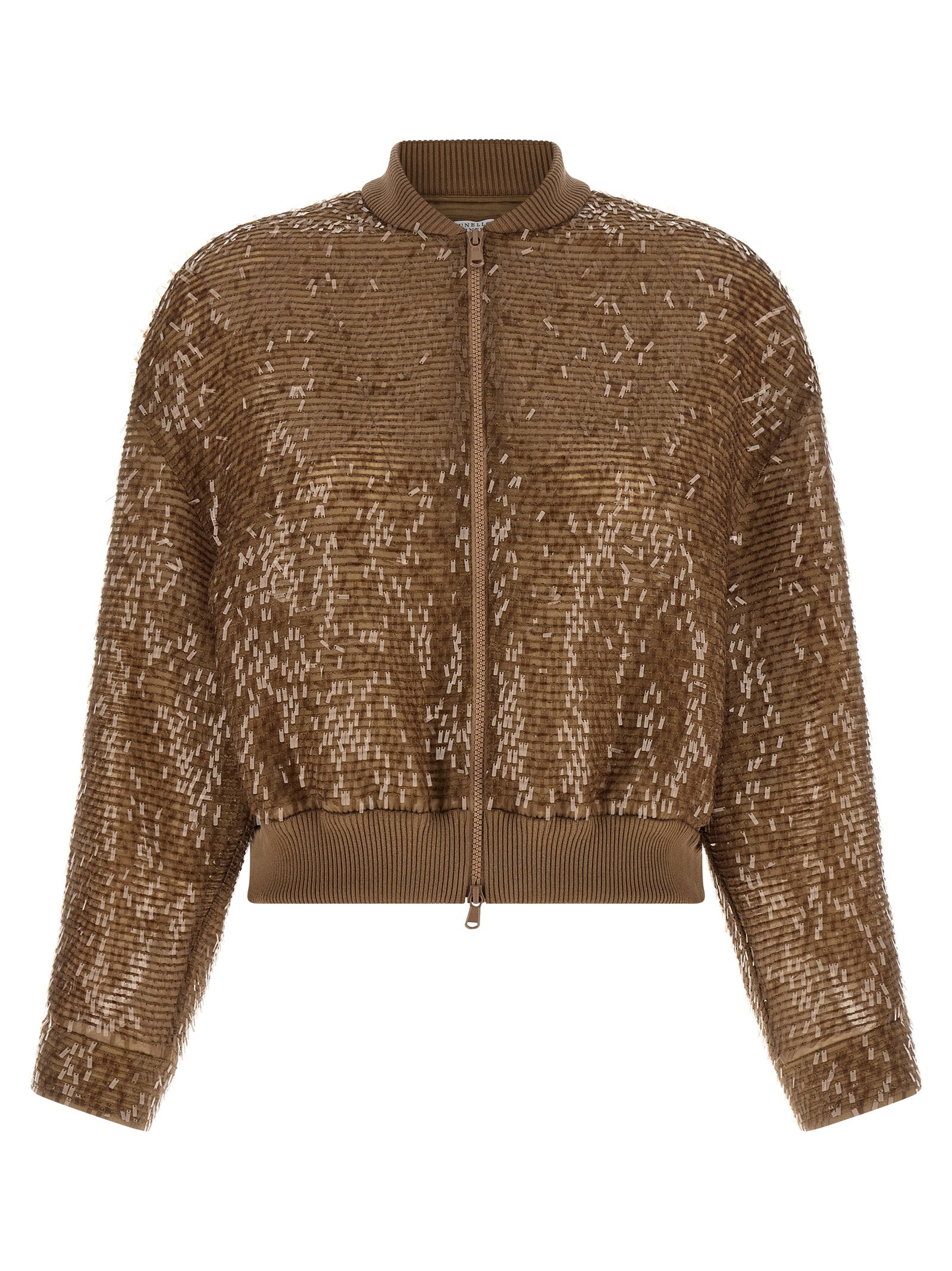Sequin-Embroidered Silk Cardigan — Brown