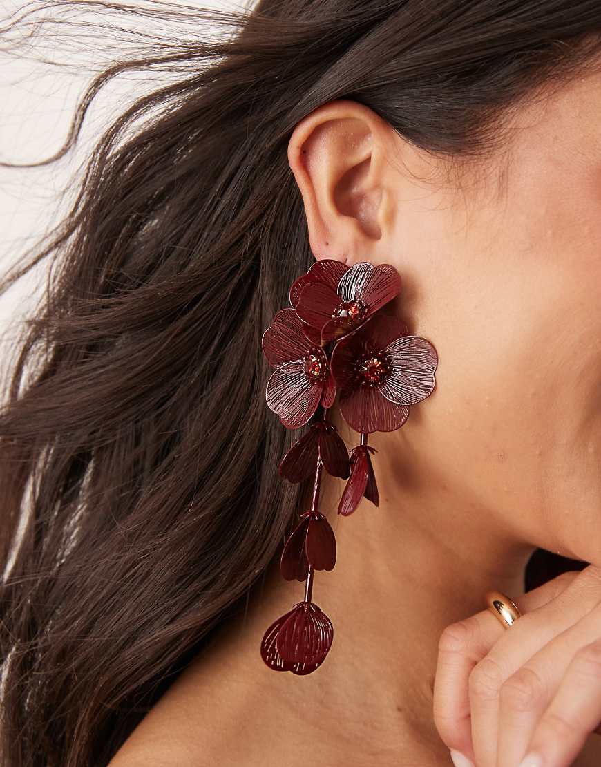 ASOS DESIGN drop earrings with 3D floral design in burgundy-Red