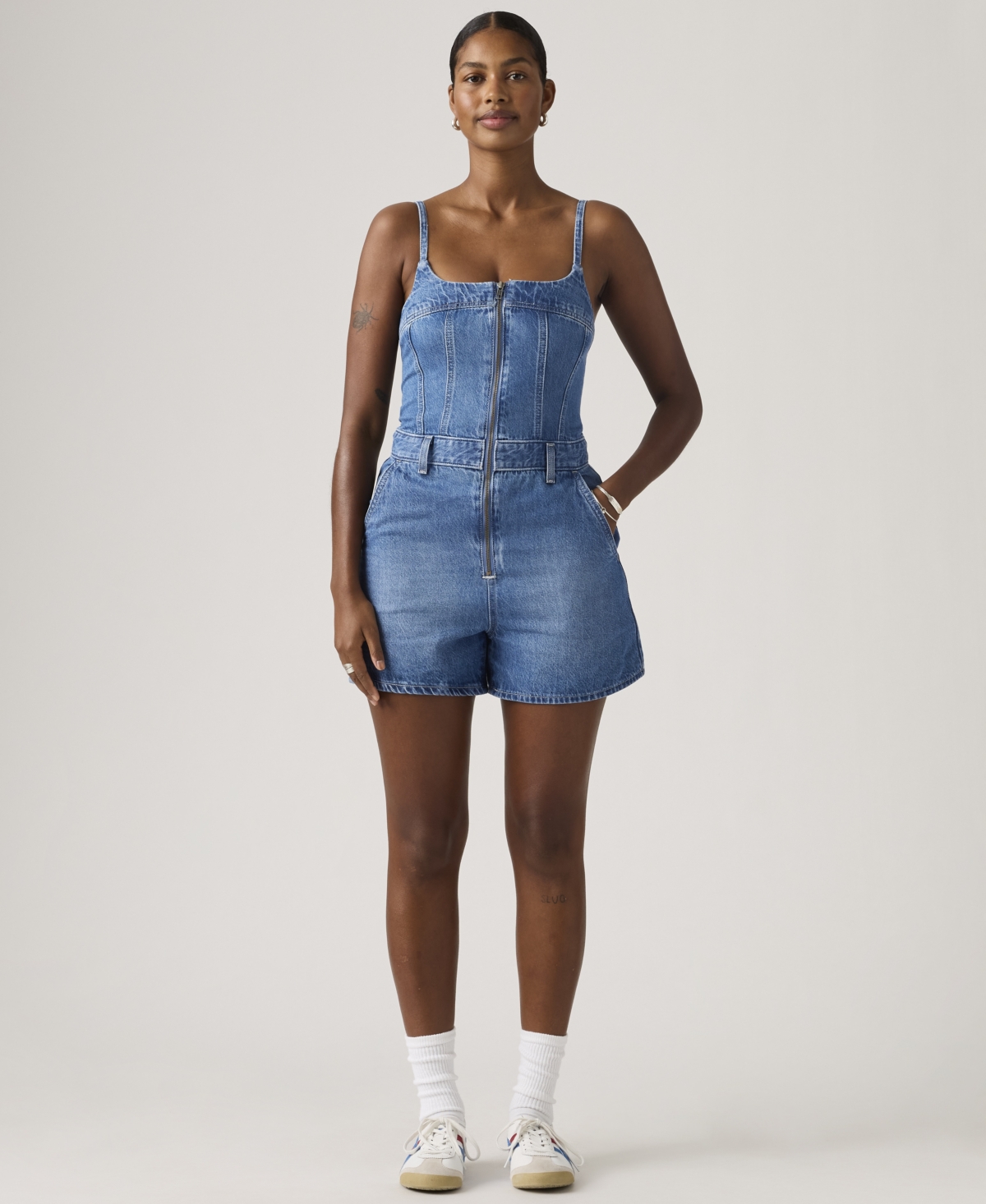 Women's Jadine Square Neck Front-Zip Cotton Romper - Vintage Vibe