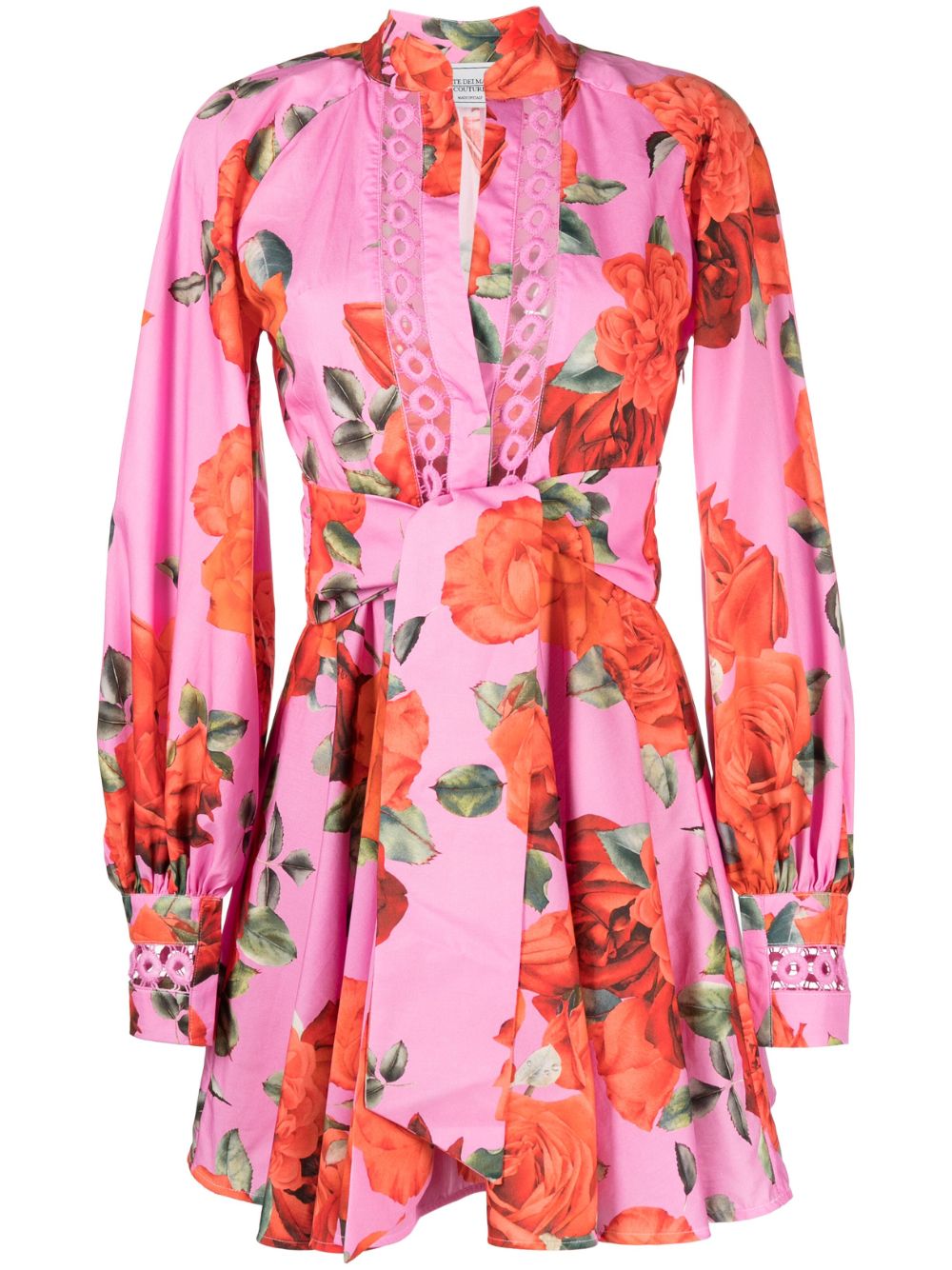Floral-print belted cotton dress - Pink