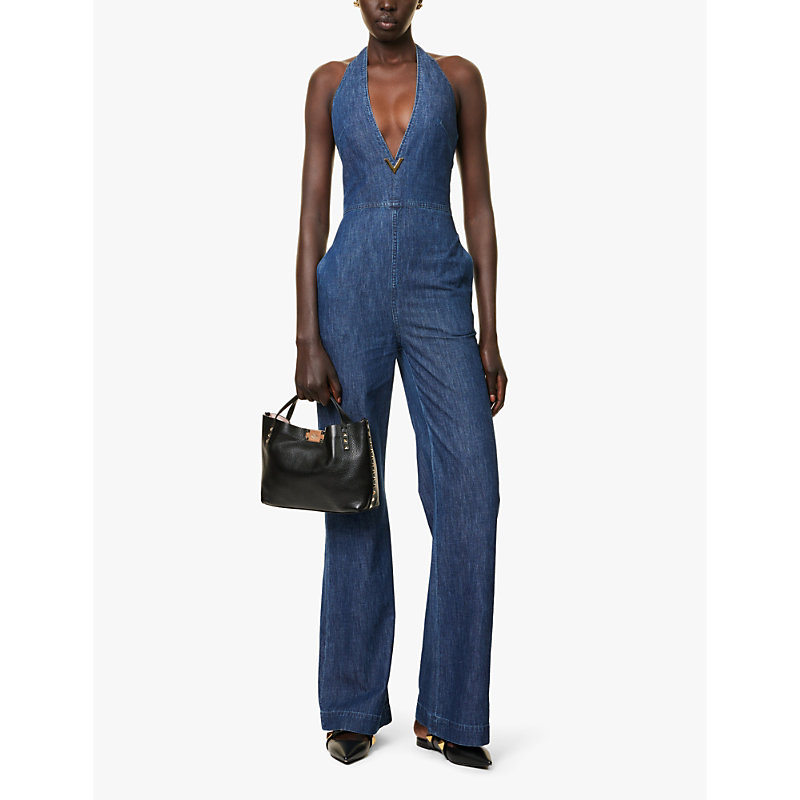 Womens Medium Blue Denim Plunge-neck Flared-leg Chambray Jumpsuit