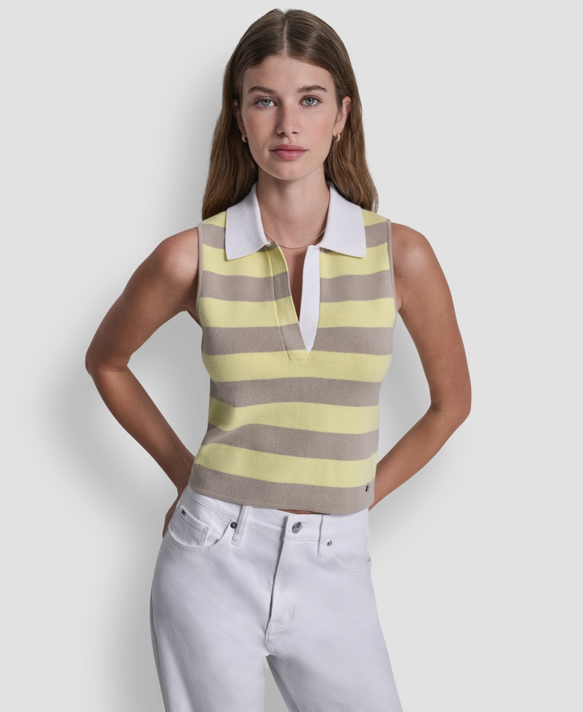 Women's Striped Sleeveless Polo Sweater - Pebble/lemonlight