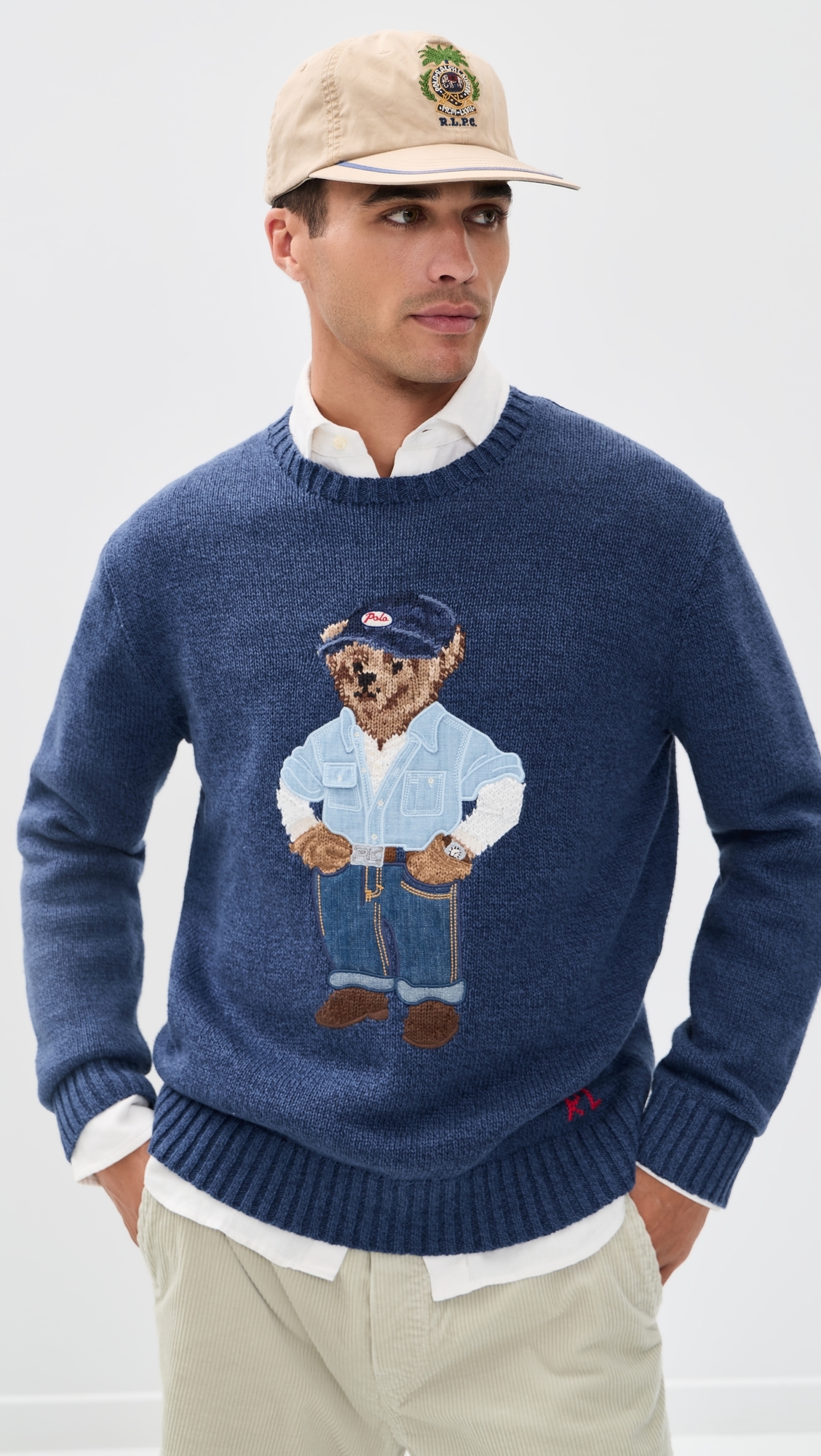 Original Label Cotton Linen Denim Bear Crewneck Sweater Light Navy