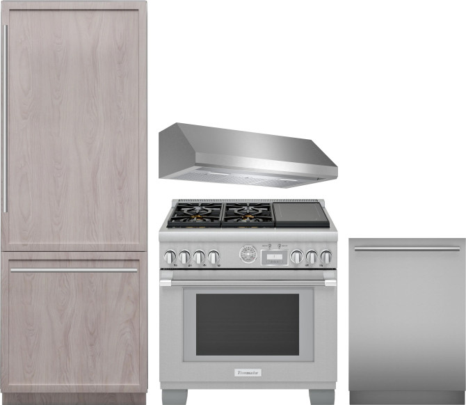 Thermador 4 Piece Kitchen Appliances Package with Bottom Freezer Refrigerator, Dual Fuel Range and Dishwasher in Panel Ready THRERADWRH