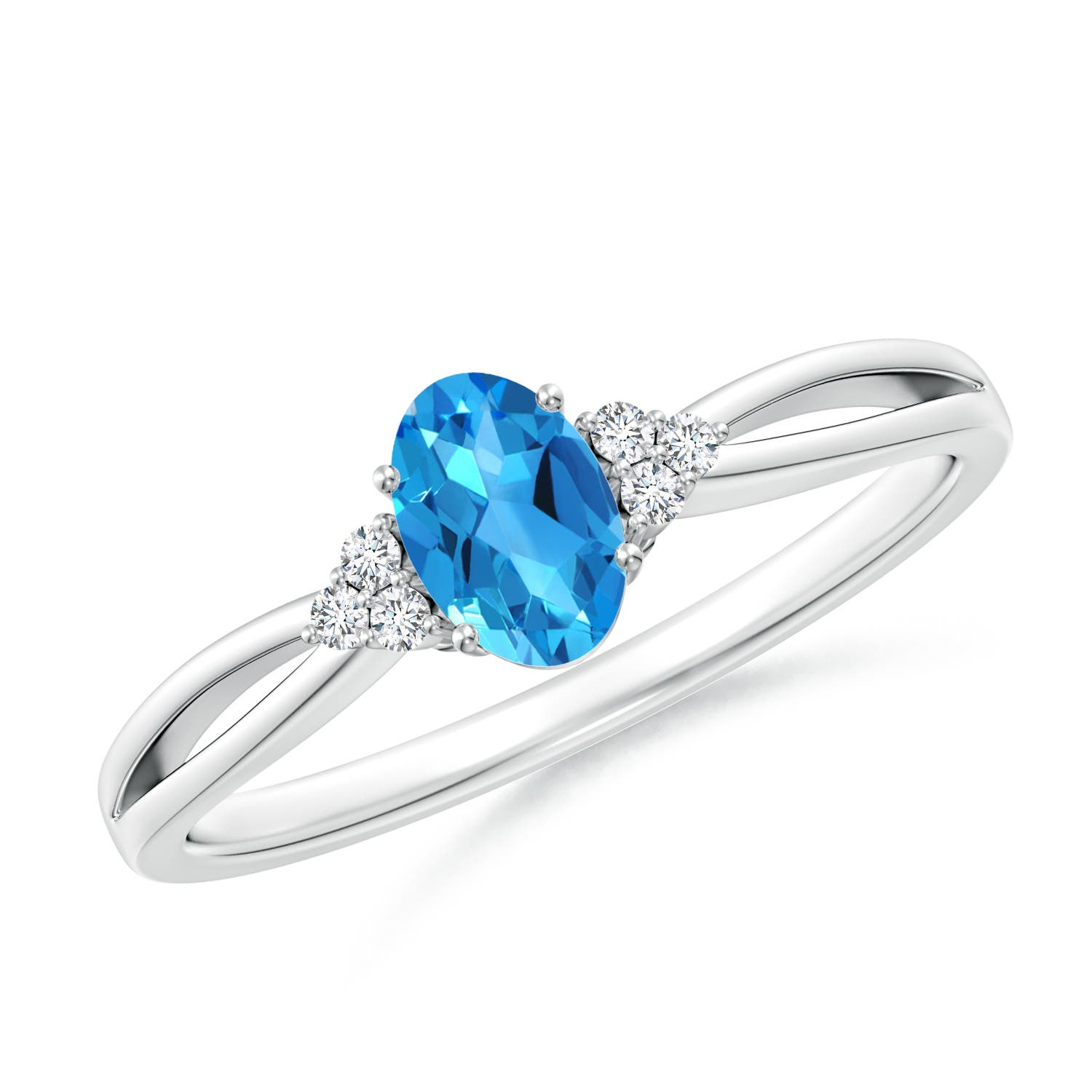 Angara 0.54 Carat Oval Swiss Blue Topaz Split Shank Ring with Trio Diamonds in Platinum