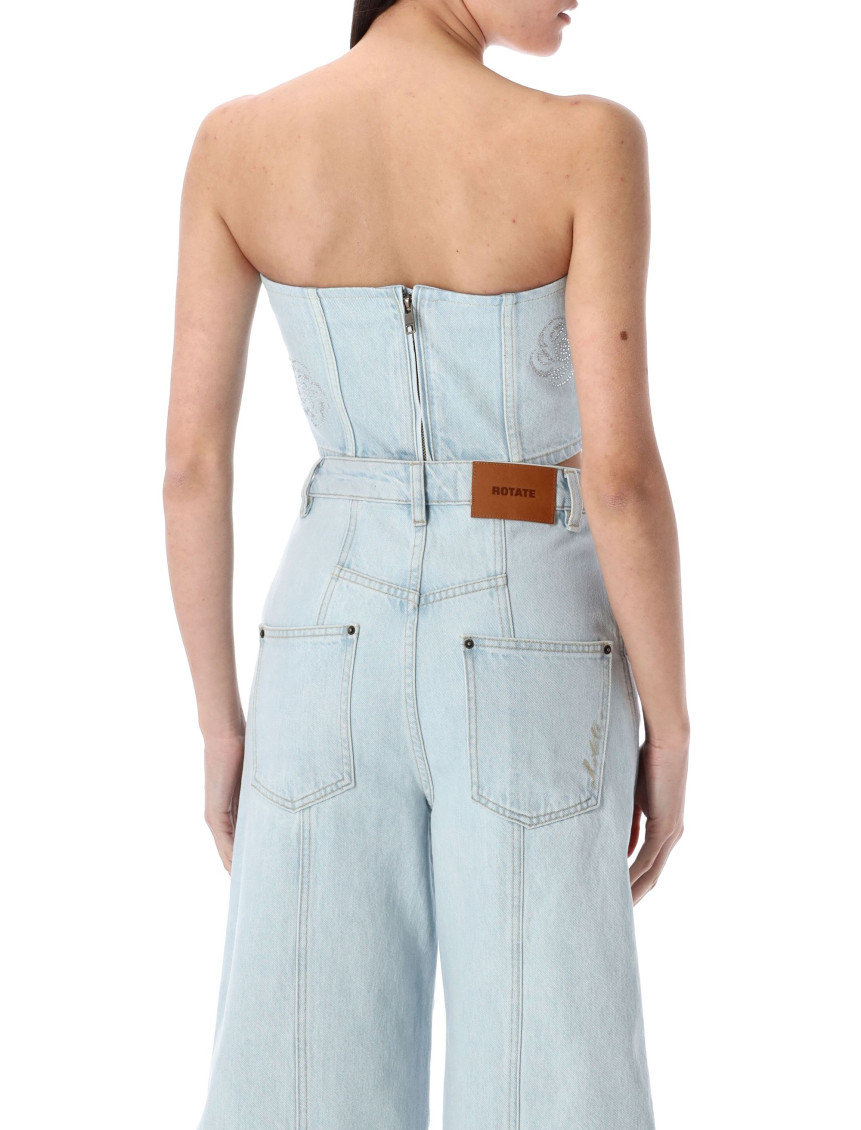 Denim Embellished Strapless Crop Top