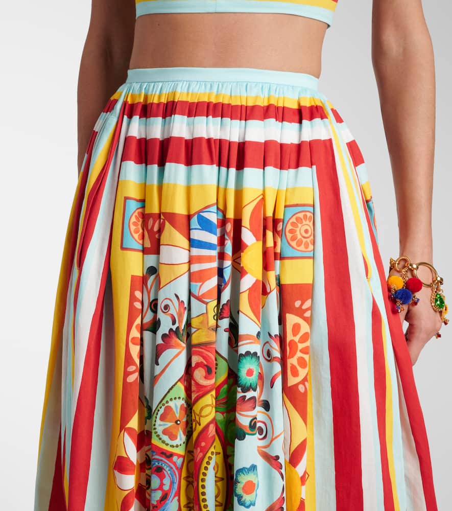 Pleated printed cotton midi skirt