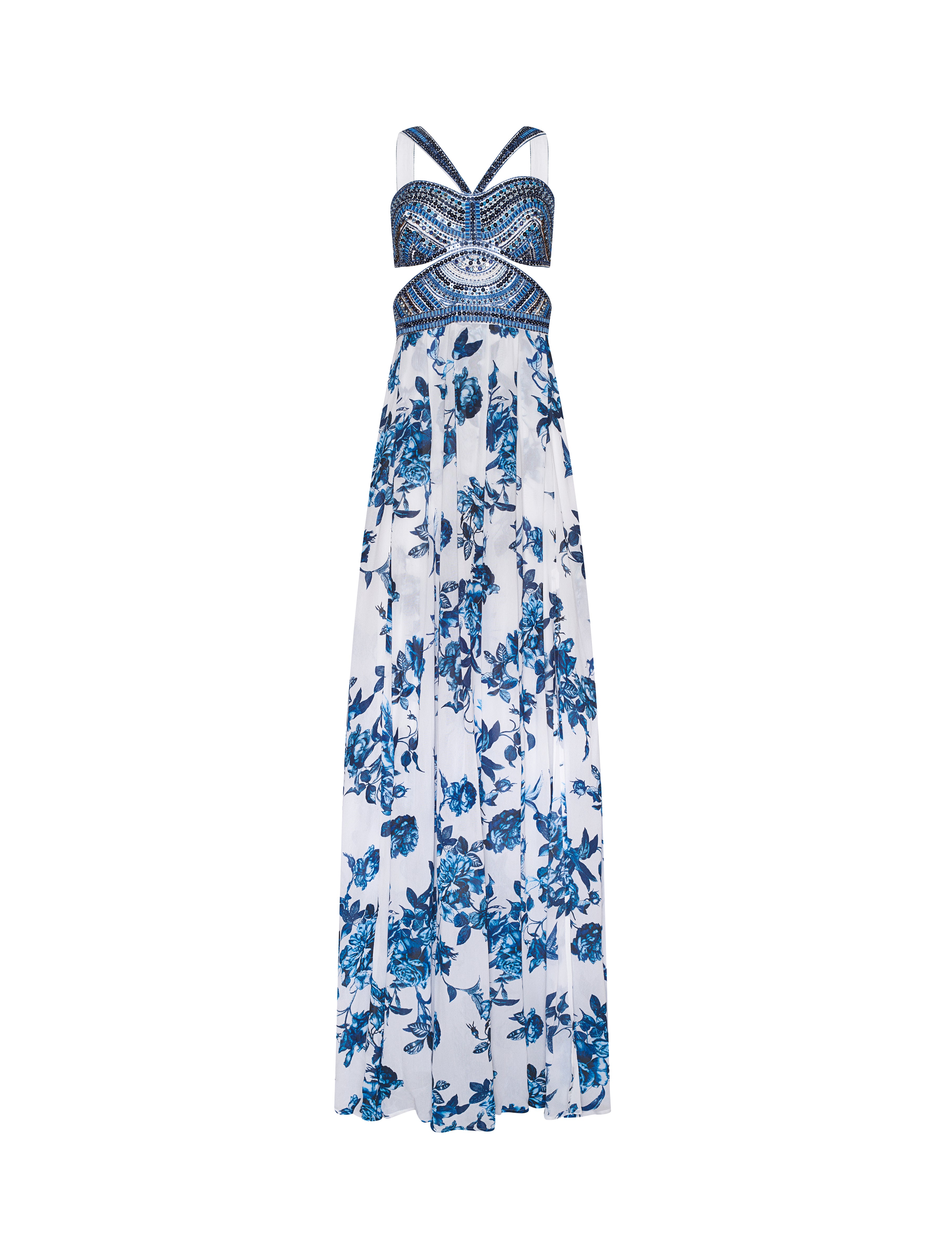 Annistyn Embellished Floral Gown In White/Blue Painterly Floral