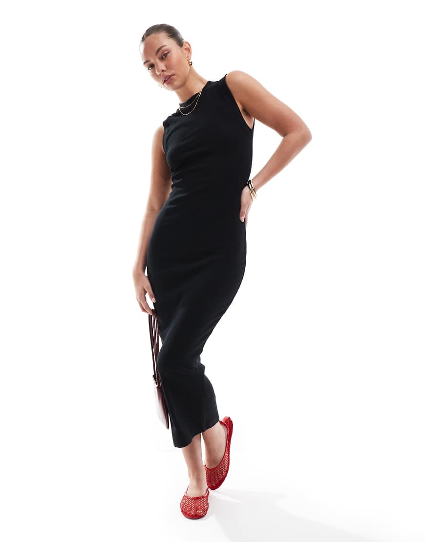 ASOS DESIGN 90s ribbed built up midi tank dress in black