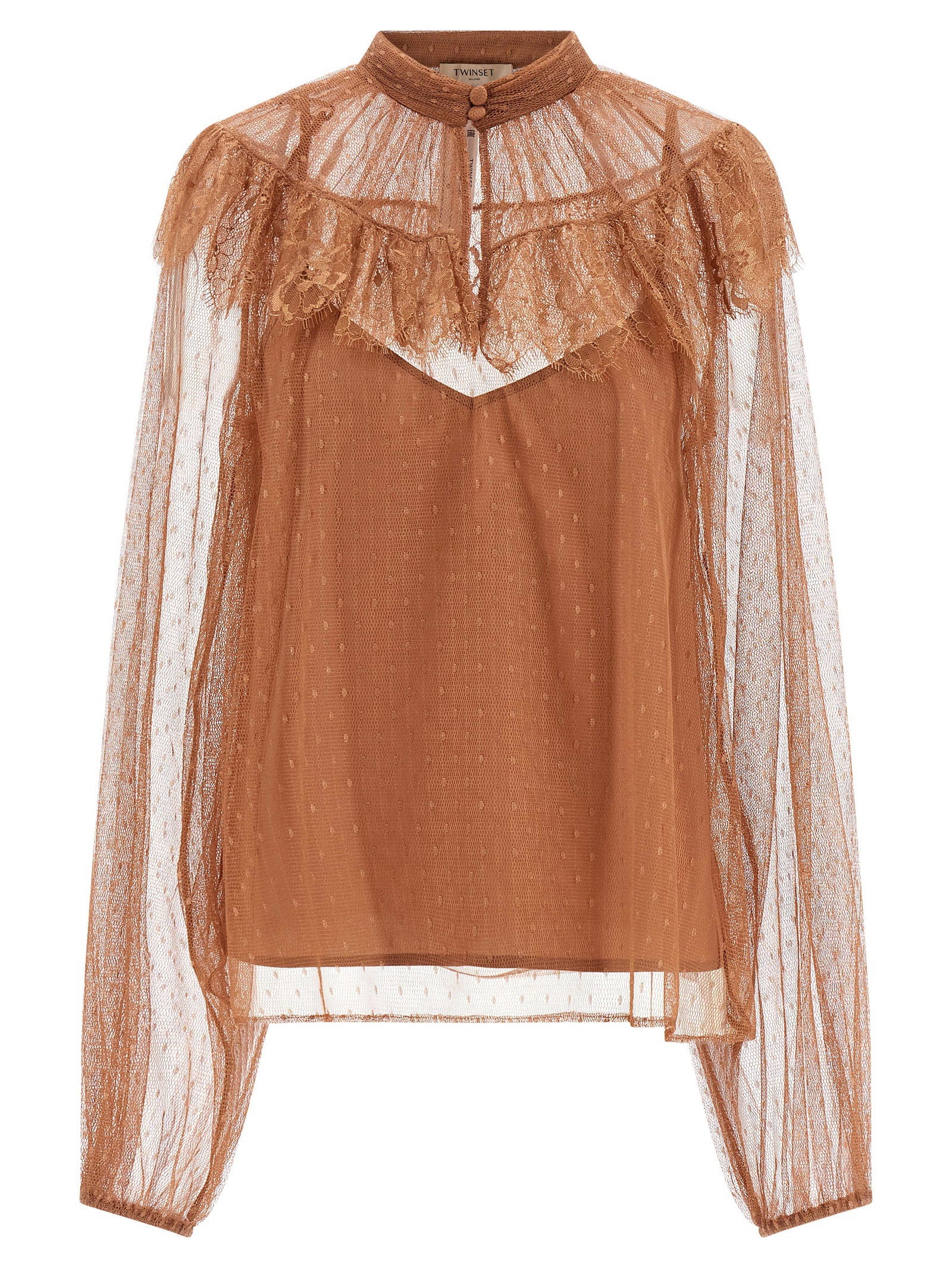 Plumetis Tulle with Scalloped Lace Flounce Blouse — Camel