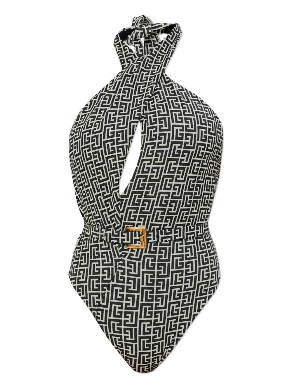 Geometric-Jacquard One-Piece Swimsuit — Black