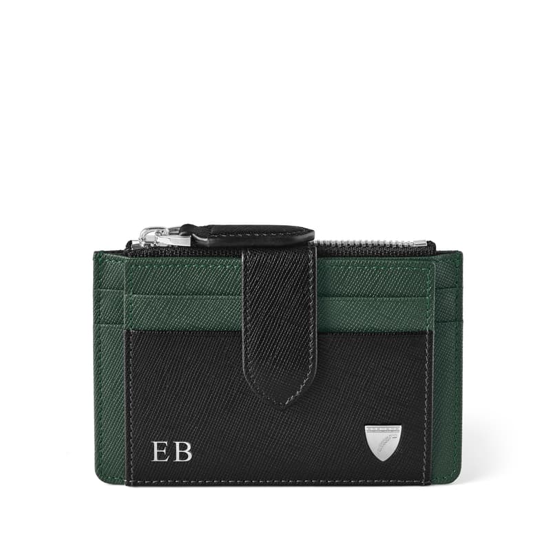Zipped RFID Card Holder in Black & Green Saffiano