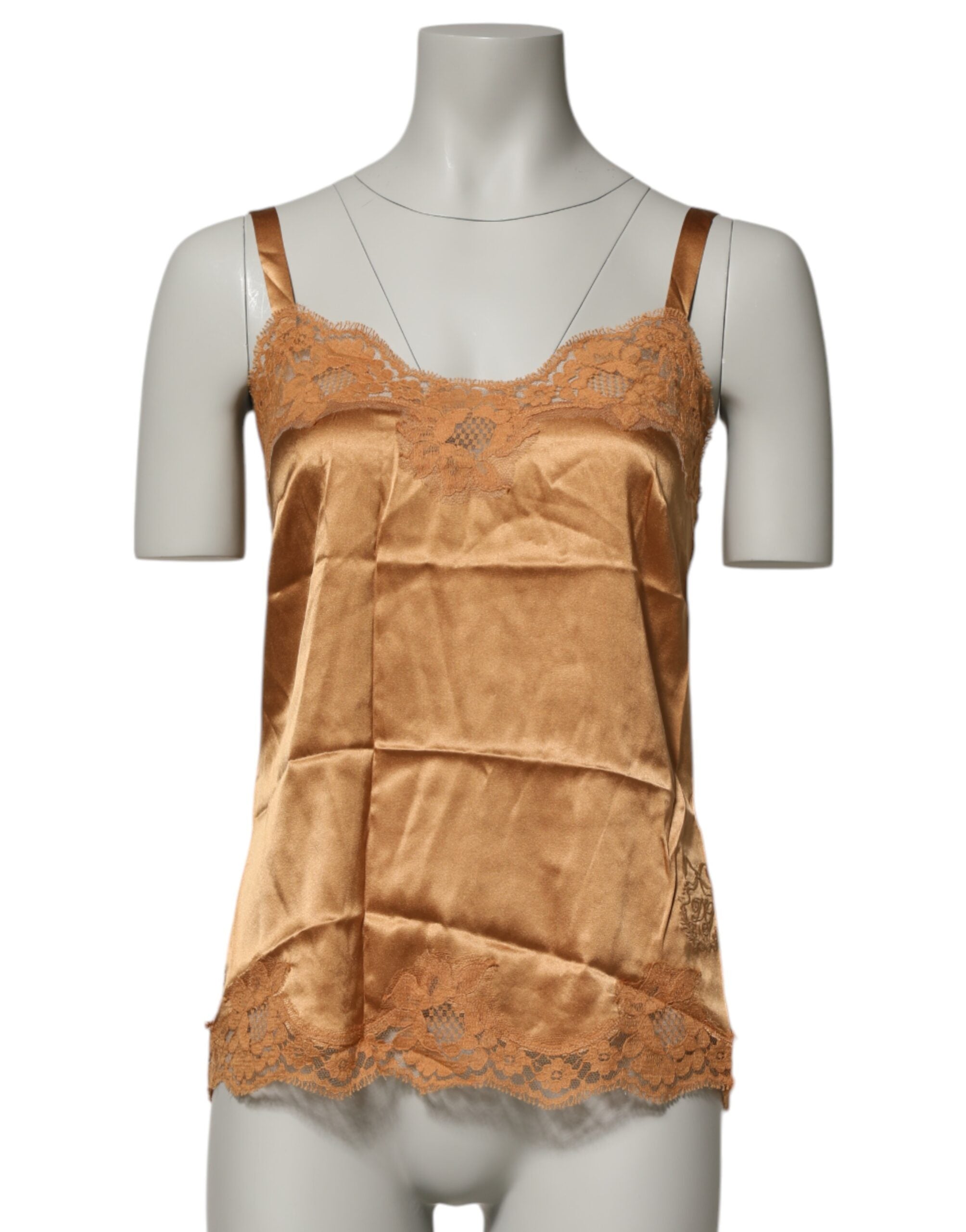 Floral Lace Silk Satin Tank Top — Brown