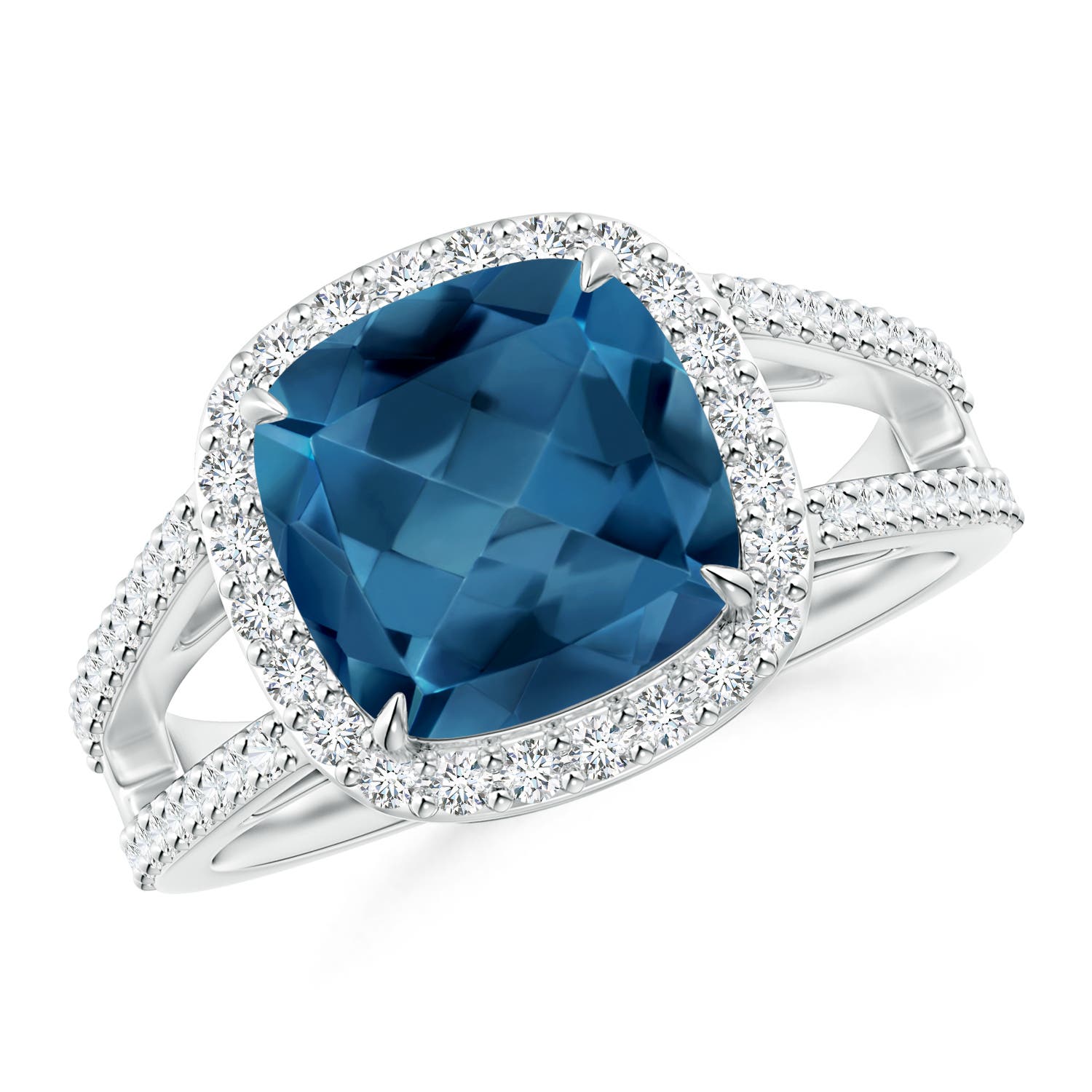 Angara 3.3 Carats Cushion London Blue Topaz Split Shank Ring with Diamond Halo in Platinum