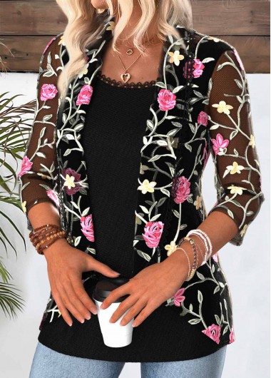 Modlily Black Floral Print 3/4 Sleeve Fake Two Piece Twinset