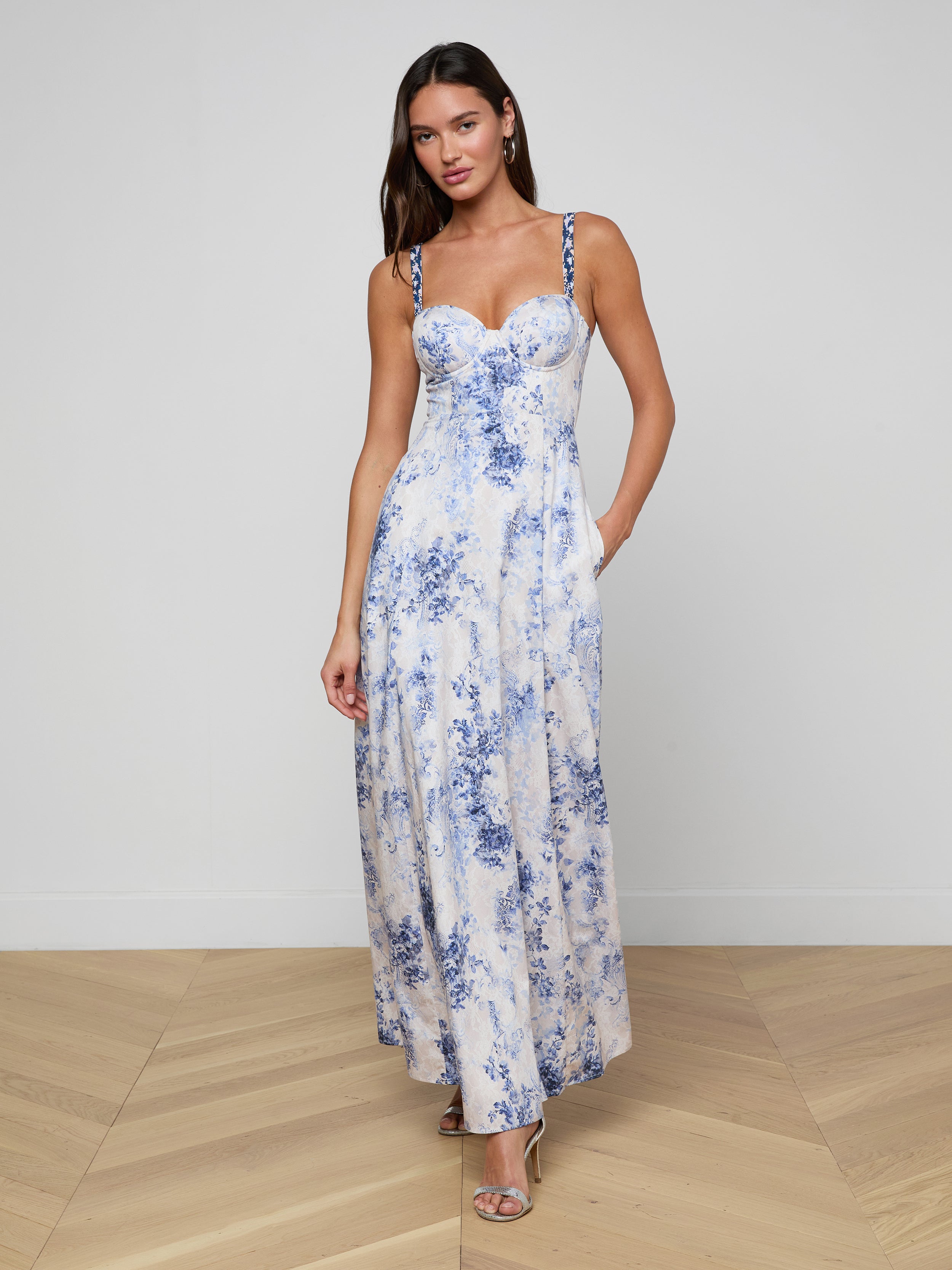 Sutton Beaded Strap Gown In Ivory/blue Watercolor Lace Paisley