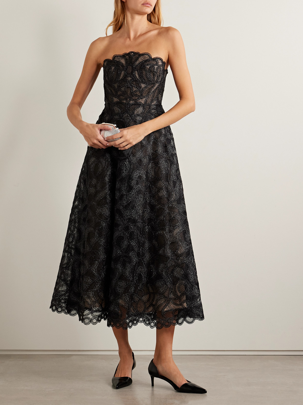 Elvina Strapless Metallic Guipure Lace Maxi Dress - Black