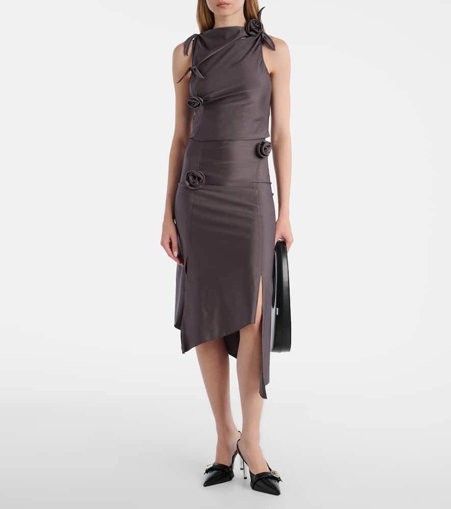 Floral-appliqué satin midi skirt