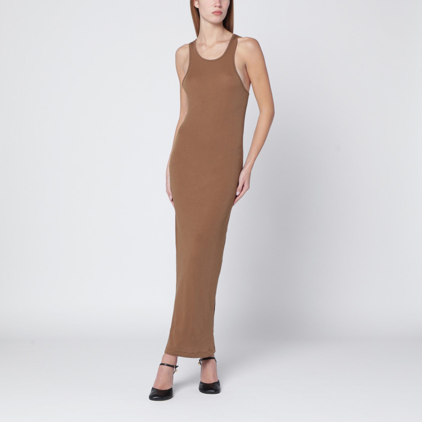Sand-colored sleeveless cotton-blend dress