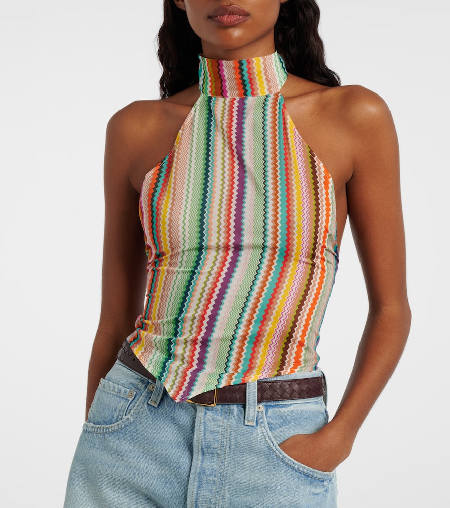 Striped halterneck cotton and silk top