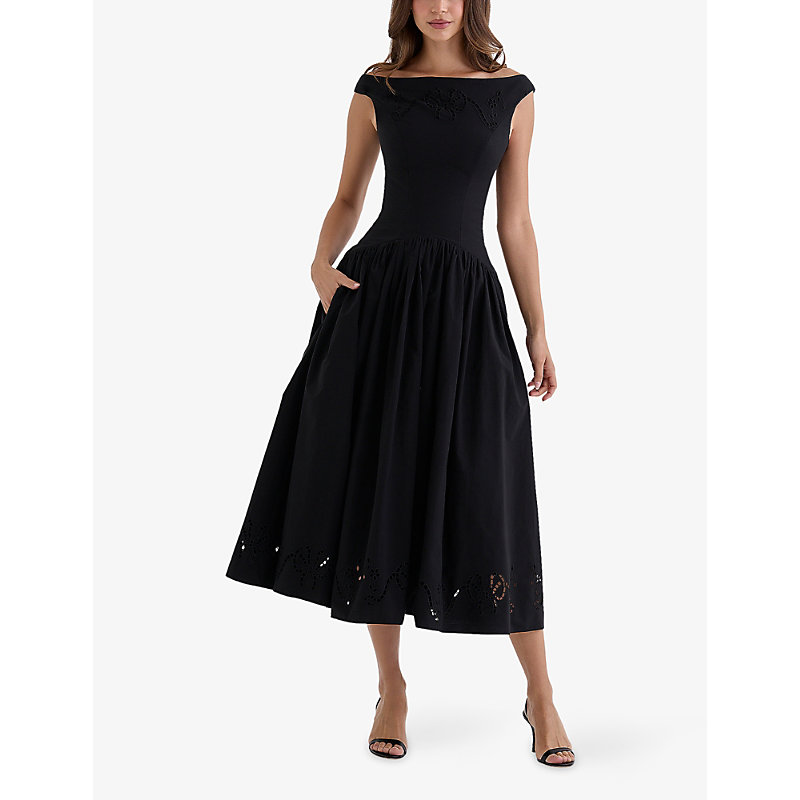 Womens Lauren Boat-Neck Broderie Cotton-Blend Midi Dress